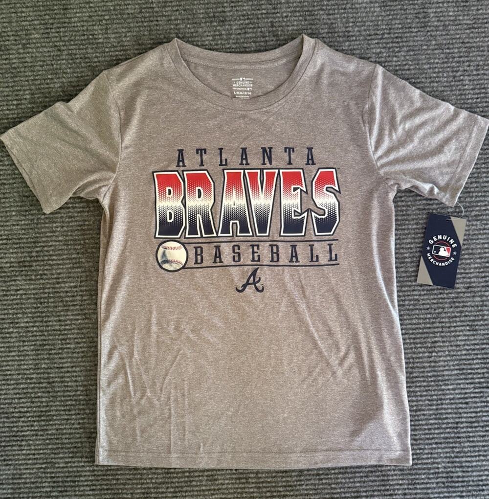 Atlanta Braves Youth T-Shirt Boys Size L 12/14 Gray MLB Baseball Graphic Tee NWT